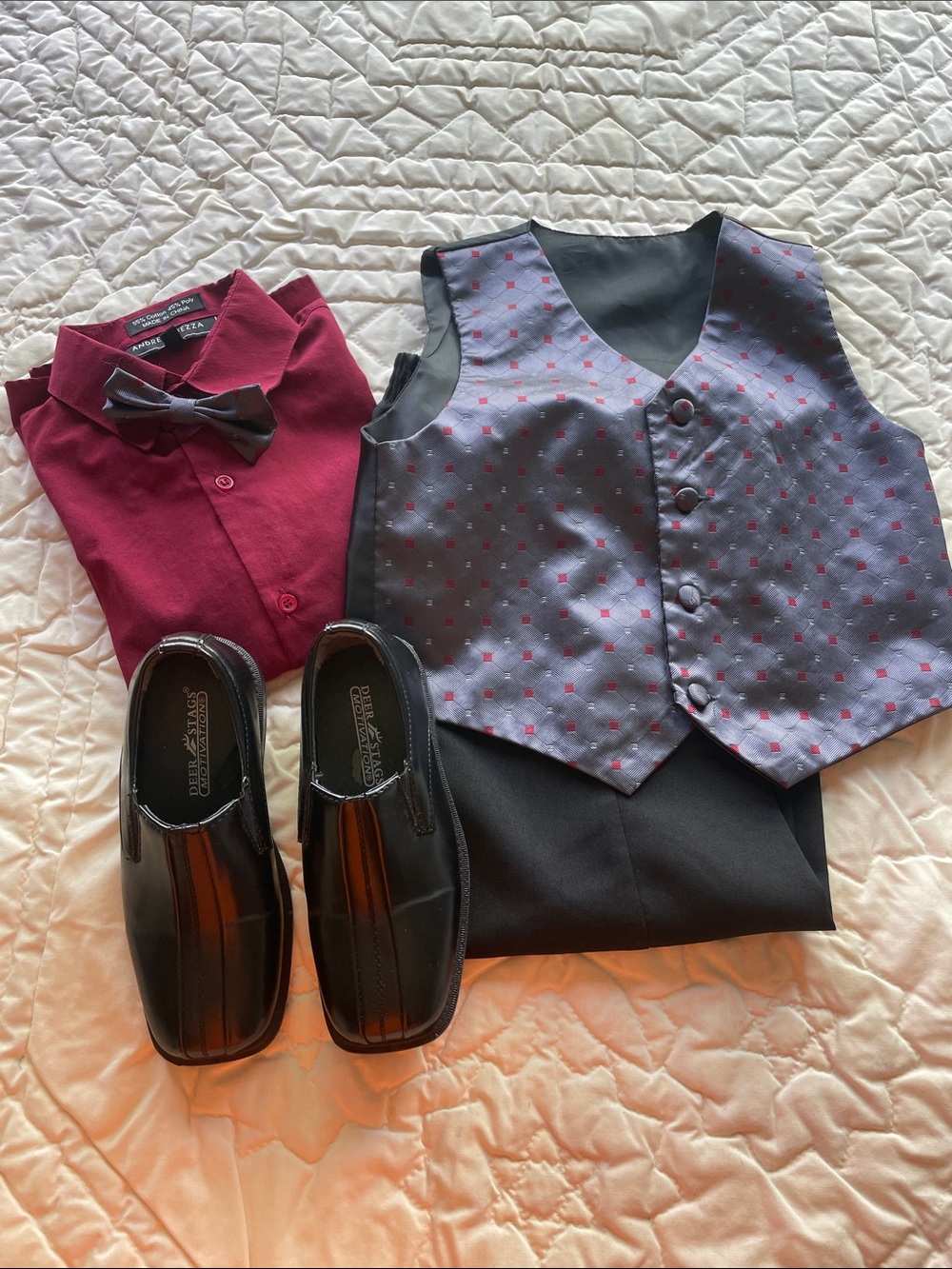 Andrew Fezza Boys Burgundy Button-Down Shirt Gray Patterned Vest Bow Tie  Shoes